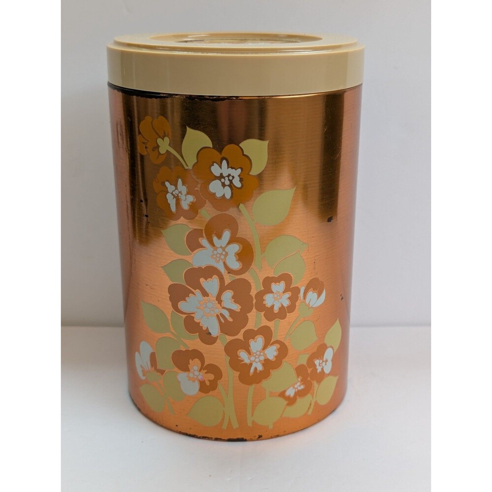 Vintage 70s Retro Groovy Floral Metal Canister w/ Lid Made in Japan Cheinco